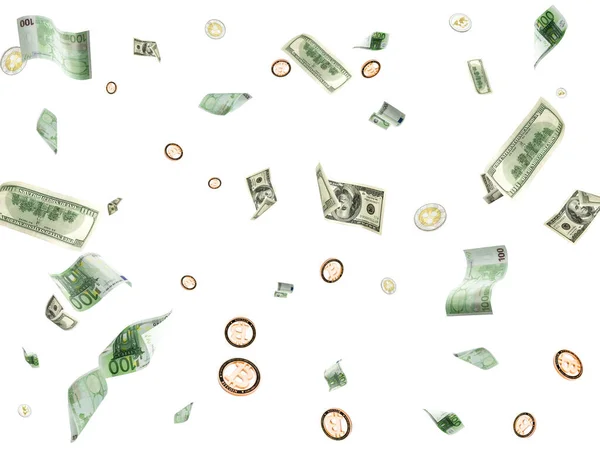 Денежный мешок. Летающие 100 долларов, банкноты евро и биткоины. Европейский денежный фон — стоковое фото