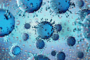 Coronavirus hastalığı COVID-19 tıbbi 3D enfeksiyon. Virüs koruması mavi üzerine kovid19 molekül. Tehlikeli Asya ncov corona virüsü, DNA, salgın riski arka plan tasarımı.