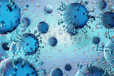 Coronavirus hücre Covid-19 salgını. 3 Boyutlu Influenza geçmişi, mavi tehlikeli grip türleri vakalarını salgın hastalık riski konsepti olarak gösteriyor.