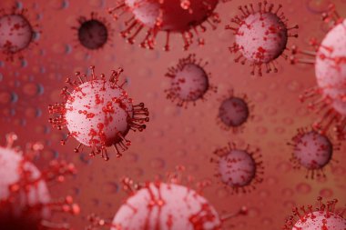 Coronavirus hastalığı. 3D görüntüleme COVID-19 enfeksiyon tıbbi geçmişi. Grip salgını gibi tehlikeli grip vakaları da salgın hastalık riski kavramı gibi. Çin patojen solunum yolu virüsü hücreleri