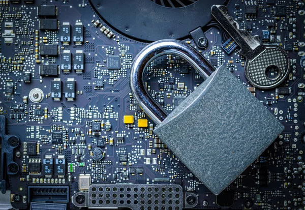 Computer protection. Data protect with padlock, key on microscheme chip. Business, technology, internet and networking security concept.