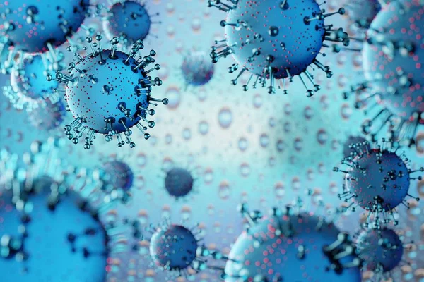 Grip COVID-19 virüs hücresi geçmişi. Coronavirus salgını grip enfeksiyonu 3 boyutlu görüntüleme. Pandemik sağlık risk kavramı. Uçan patojen solunum gribi covid virüs hücreleri.