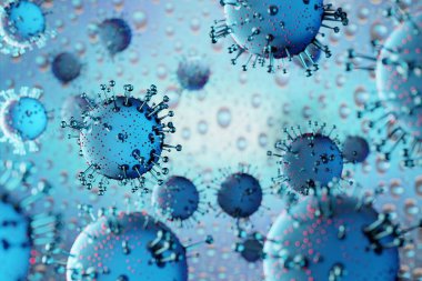 Coronavirus hastalığı COVID-19 tıbbi 3 boyutlu enfeksiyon. Gerçekçi 3 boyutlu mavi virüs hücreleri olan bir arka plan. Tehlikeli Asya Ncov Corona virüsü. Roman Coronavirus 2019-nCoV