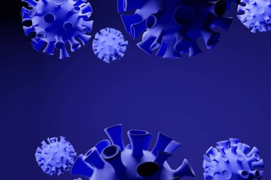 Grip COVID-19 virüs hücresi geçmişi. Çin patojen solunum yolu Coronavirus 2019-ncov grip salgını 3D medikal görüntüleme. Gerçekçi 3D mavi virüs hücrelerine sahip arka plan