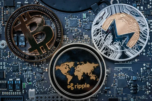 Bitcoin business. Gold Cryptocurrency Computer electronic circuit board motherboard. Litecoin, Ethereum Mining and electronic money concept.