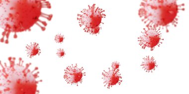 Coronavirus hastalığı. 3D görüntüleme COVID-19 enfeksiyon tıbbi geçmişi. Tehlikeli Asya Ncov Corona virüsü, SARS salgın risk konsepti. Beyaz yüzen grip virüsü hücrelerinin mikroskobik görüntüsü