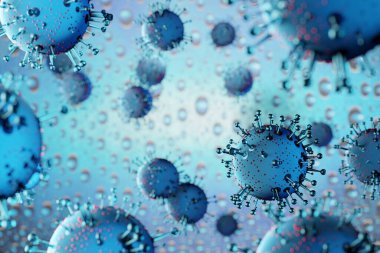 Coronavirus hastalığı. 3D görüntüleme COVID-19 enfeksiyon tıbbi geçmişi. Mavi, tehlikeli grip virüsü vakaları gibi grip salgını olan tıbbi risk kavramları. patojen solunum covid virüs hücreleri