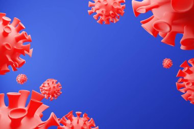 Coronavirus hastalığı. 3D görüntüleme COVID-19 enfeksiyon tıbbi geçmişi. Tehlikeli Asya Ncov Corona virüsü, SARS salgın risk konsepti. Mavi yüzen grip virüsü hücrelerinin mikroskobik görüntüsü