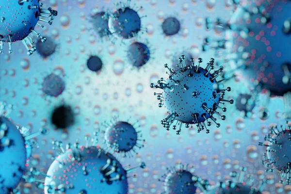 Coronavirus epidemie, COVID-19 3D vykreslení infekce chřipka pozadí jako modrý nebezpečný chřipka kmen případy jako pandemické zdravotní riziko koncepce s buňkami onemocnění — Stock fotografie