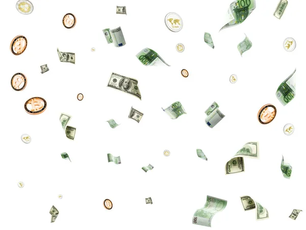 Pengar faller. Amerikanska, euro och Bitcoin pengar. Washington amerikanska kontanter, usd Cryptocurrency bakgrund — Stockfoto
