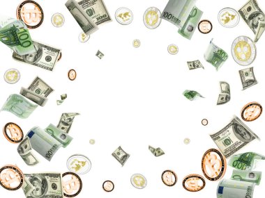 Avro parası nakit akışı. Beyaz arka planda izole edilmiş Avrupa banknotları ve Bitcoinler