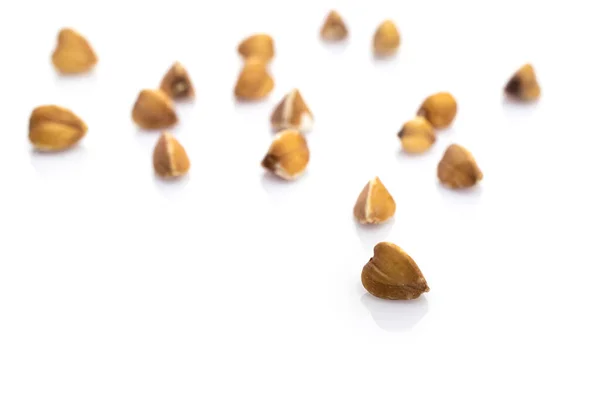 Semi crudi biologici di grano saraceno isolati su bianco. Sfondo cerealicolo vegetariano marrone. Note di alimentazione, dieta e disintossicazione, spazio per il testo . — Foto Stock