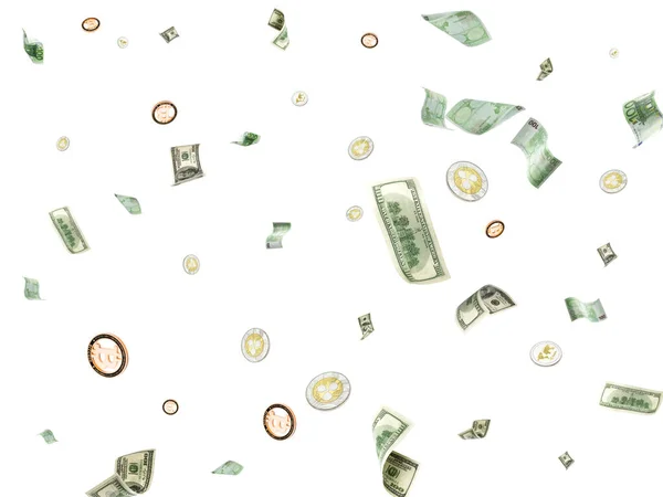 Notas voadoras de moedas de euro. Europeu, Washington dinheiro americano, Bitcoin em branco. Nós fundo de dinheiro dólar — Fotografia de Stock