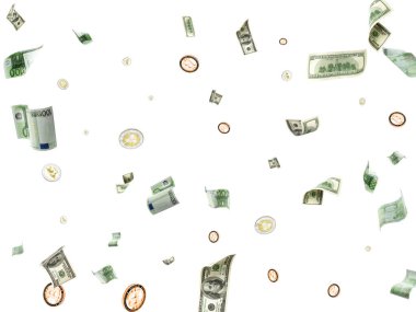 Avro para geçmişi. Amerikan banknotları, Bitcoin 'ler beyaz üzerinde uçuyor. Kripto para birimi arkaplanı