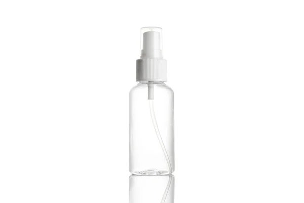 Garrafa em branco para shampoo de sabão e cosméticos minerais. Tampa de plástico transparente para gel desinfetante ou água isolada em branco. Pulverizar, bombear fundo transparente. — Fotografia de Stock