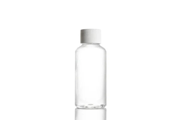 Gelflaska. Klar plast blank för tvål schampo och mineral kosmetiska isolerad på vitt. Vatten cap spray på transparent bakgrund. Alkoholdesinfektionsmedel för hand. — Stockfoto
