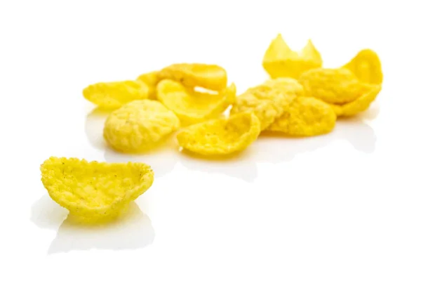 Izolované Kukuřičné Vločky Bílém Snack Obilné Žluté Zdravé Cornflakes Superfood — Stock fotografie