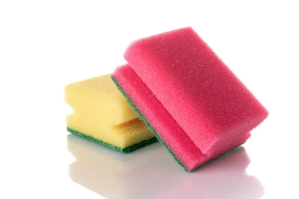 Cleaning Products Colorful Yellow Kitchen Sponges Foam Isolated White Background — Stock Photo, Image