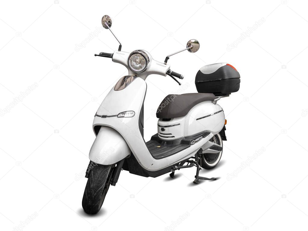 Kick city rider bike, urban electric scooter isolated on white background. Street motorcycle - transport for business. Express food delivery service transport concept