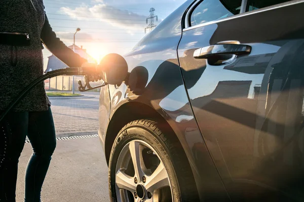 Fuel car. Pump petrol from nozzle in vehicle tank. Gasoline, oil gas station. Economy business with diesel transport. Automotive transportation concept. — Stock Photo, Image