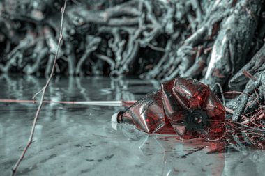 Deniz okyanusundaki çevre ve plastik çöpler. Çöpler, deniz sahillerinde atıklar. Boş büyük şehir şişeleri ile ekolojik sorun.