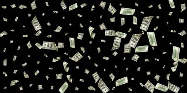 Amerikan doları. Amerikan parası, düşen para. Siyah arkaplanda 100 dolar izole uçmak.