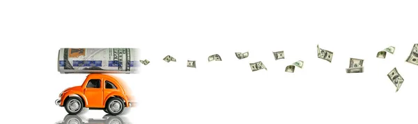 Us dollar bill. Washington american cash. Model toy car isolated with falling usd money background. — Stock Photo, Image