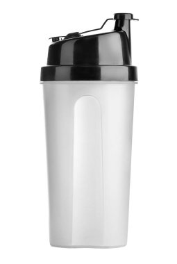 Plastik shaker izole kırpma yolu ile beyaz arka plan üzerinde. Spor yemek kokteyl shaker. Siyah ve beyaz. Spor ve sağlıklı içecek.