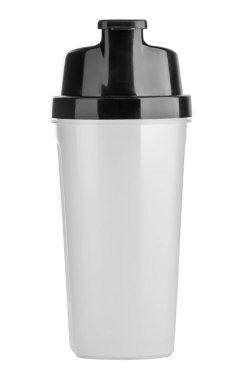 Plastik shaker beyaz arka plan üzerinde izole. Spor yemek kokteyl shaker. Siyah ve beyaz. Spor ve sağlıklı içecek.