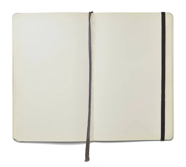 Livro de notas em branco aberto com um marcador e um fecho elástico isolado sobre fundo branco na vista frontal. Caminho de recorte . — Fotografia de Stock