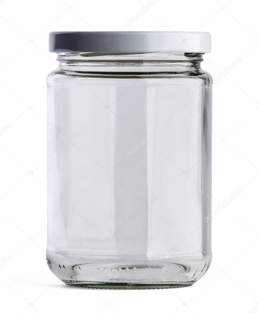 Empty glass jar and white cap in front view isolated on white background. Clipping path.