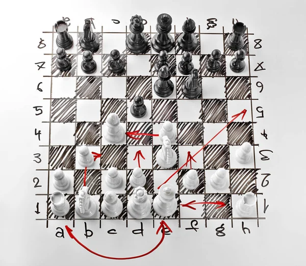 Chess. White board with chess figures on it. Plan of battle.