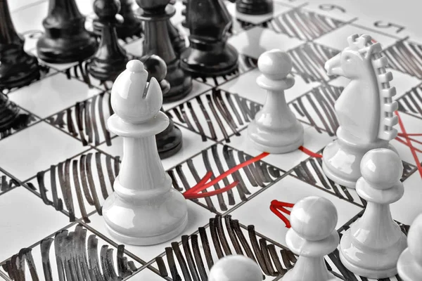 Chess, white's attack. White board with chess figures on it. — Stock Photo, Image