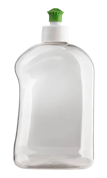 Botella de plástico transparente vacía con dispensador de un fondo blanco con camino de recorte . — Foto de Stock