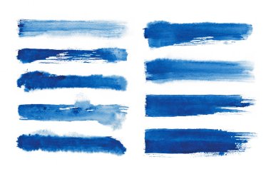 Suluboya. Mavi soyut boyalı mürekkep vuruşları suluboya kağıdı ayarlayın. Mürekkep vuruşlarını. Düz tür fırça darbesi.