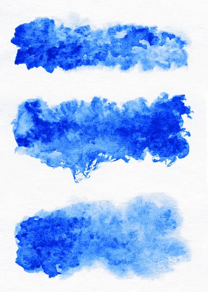 Aquarel. Blauw abstract geschilderd inktstreken ingesteld op aquarel papier. Pennenstreken. Plat soort penseelstreek. — Stockfoto