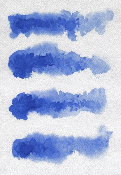 Aquarel. Blauw abstract geschilderd inktstreken ingesteld op aquarel papier. Pennenstreken. Plat soort penseelstreek. — Stockfoto