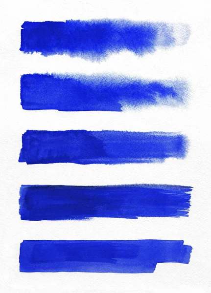 Aquarel. Blauw abstract geschilderd inktstreken ingesteld op aquarel papier. Pennenstreken. Plat soort penseelstreek. — Stockfoto