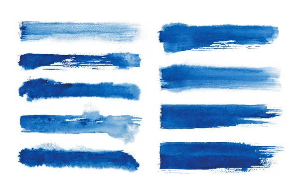 Suluboya. Mavi soyut boyalı mürekkep vuruşları suluboya kağıdı ayarlayın. Mürekkep vuruşlarını. Düz tür fırça darbesi.