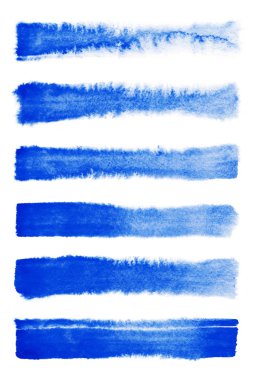 Suluboya. Mavi soyut boyalı mürekkep vuruşları suluboya kağıdı ayarlayın. Mürekkep vuruşlarını. Düz tür fırça darbesi.