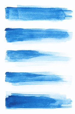 Suluboya. Mavi soyut boyalı mürekkep vuruşları suluboya kağıdı ayarlayın. Mürekkep vuruşlarını. Düz tür fırça darbesi.