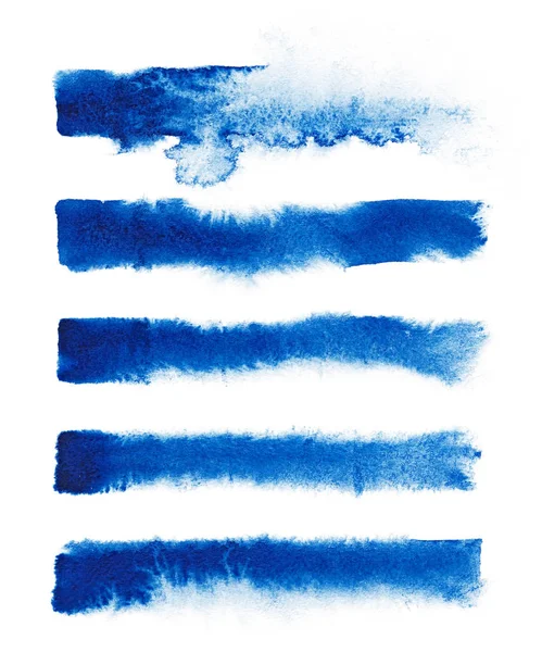 Acuarela. Pinceladas de tinta pintadas abstractas azules fijadas sobre papel acuarela. Pinceladas de tinta. Tipo plano cepillo carrera . —  Fotos de Stock