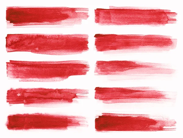 Aquarel. Aantal abstracte rode aquarel beroerte geïsoleerd op witte achtergrond. — Stockfoto