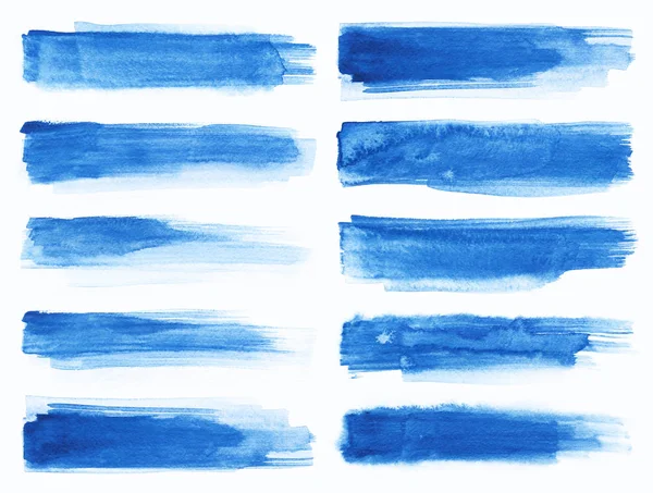 Acuarela. Pinceladas de tinta pintadas abstractas azules fijadas sobre papel acuarela. Pinceladas de tinta. Tipo plano cepillo carrera . —  Fotos de Stock