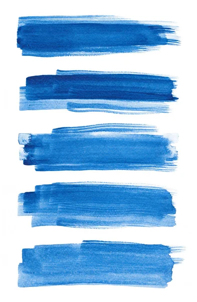 Aquarela. Pinceladas de tinta pintadas abstratas azuis definidas em papel aquarela. Pinceladas de tinta. Pincel tipo plano . — Fotografia de Stock
