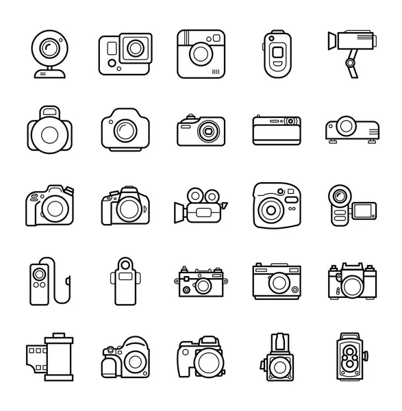 Sada ikon kamer čáry na bílém pozadí. Smartphone, akce, digitální a filmové Foto fotoaparáty legendární značky. — Stockový vektor