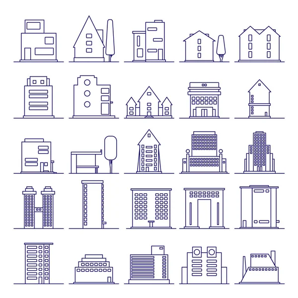 Conjunto de iconos de construcción futuristas modernos esbozan. Edificios y casas en línea minimalista icono . — Vector de stock