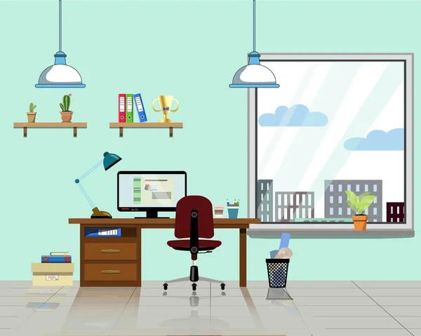 Büroarbeitsplatz mit Tisch, Bücherregal, Fenster mit Zimmerpflanze. modernen Computer, Tischregale, Lampe und alle Bürotischpersonal für die Arbeit. flache Vektorabbildung. — Stockvektor