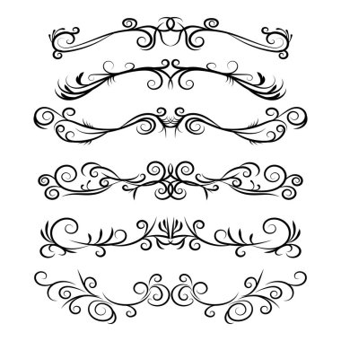 El çizimi vektör ayırıcılar. Dekoratif kaligrafik girdap çizgileri, kenarlar ve kıvrımlar. Tasarım elemanları 9