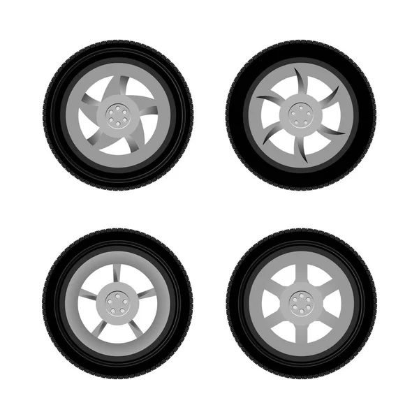 Ruote Auto Vettoriali Isolate Bianco Set Ruote Con Cerchio Alluminio — Vettoriale Stock